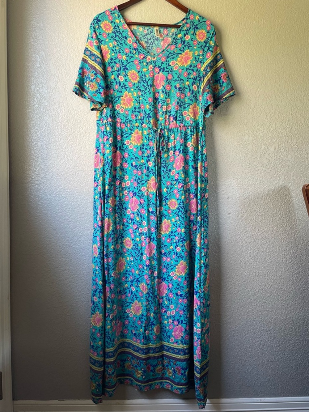Teal Floral Boho Colorful Maxi Dress Vacation Beach Resortwear Grecerelle Large